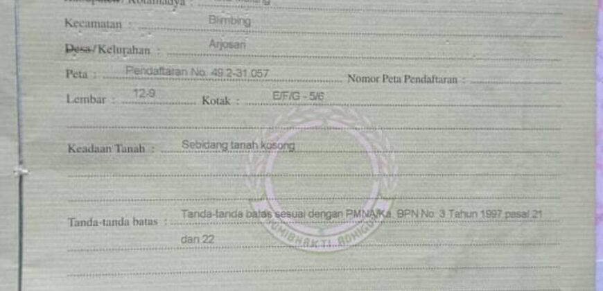 Tanah dijual belakang terminal arjosari malang